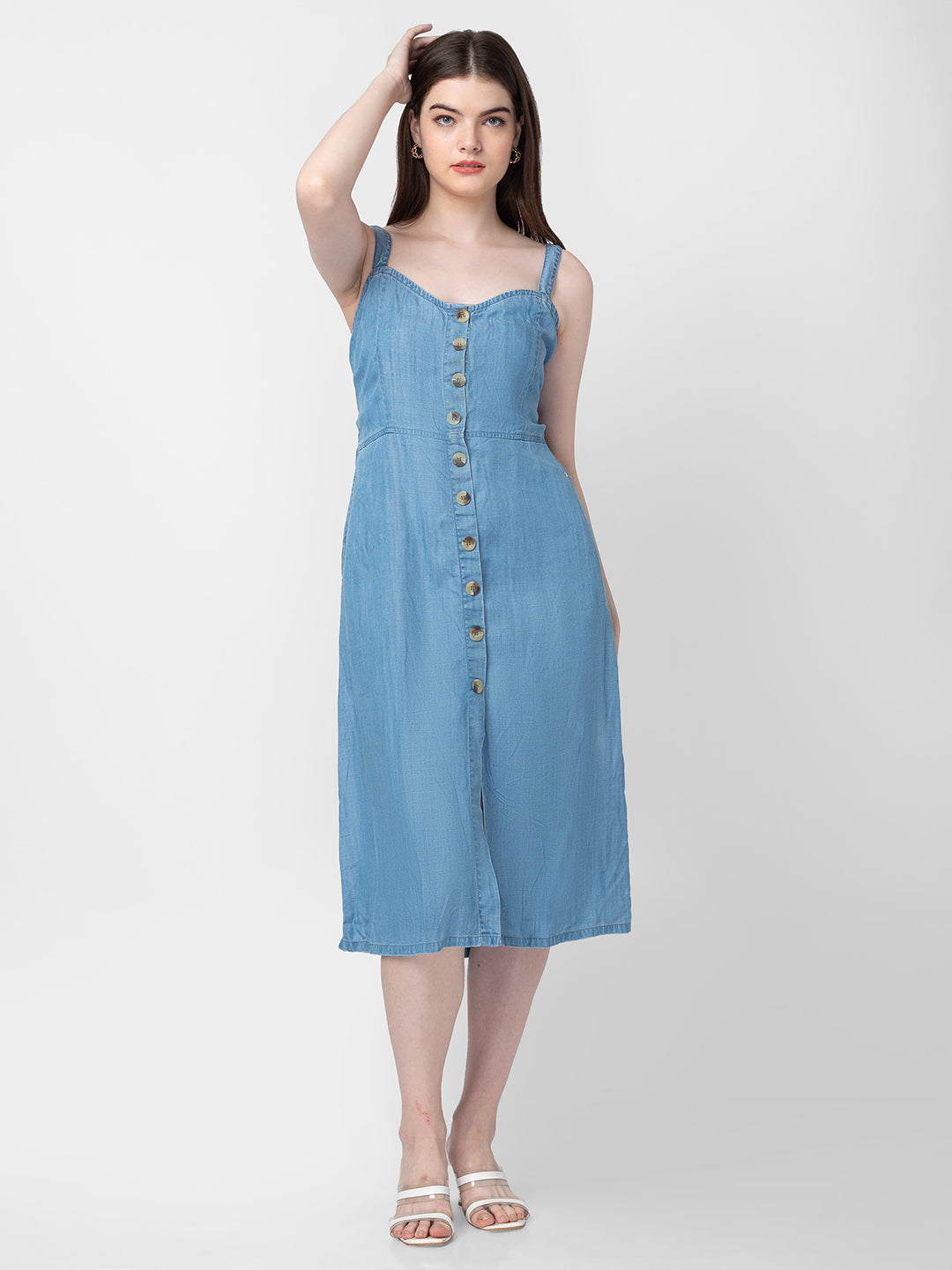 Spykar Women Ice Blue Cotton Sleeveless Knee Length Denim Dress