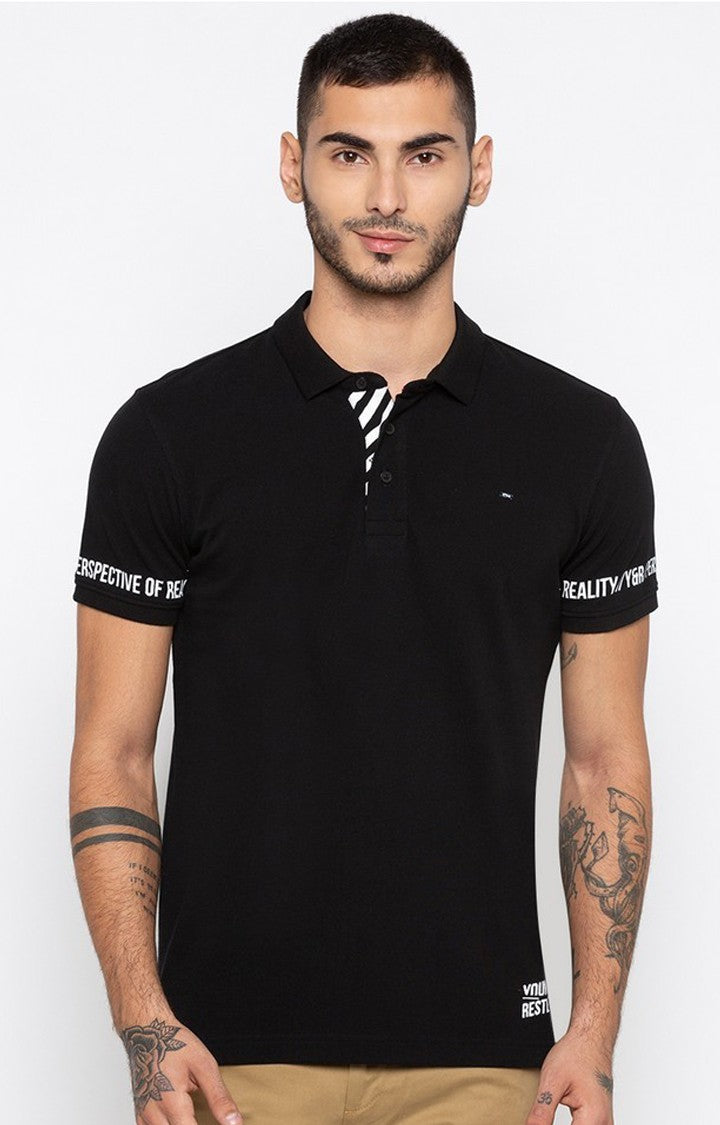 Spykar Black Printed Slim Fit Polo T-Shirt