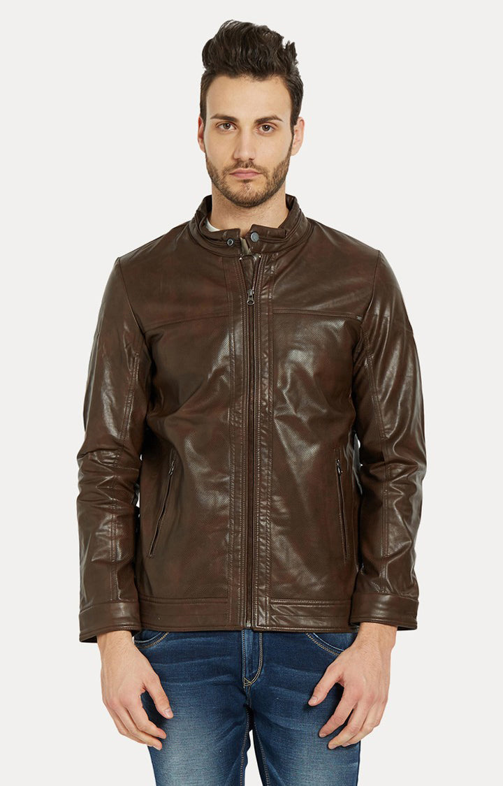 Spykar Men Brown Solid Slim Fit Leather Jacket