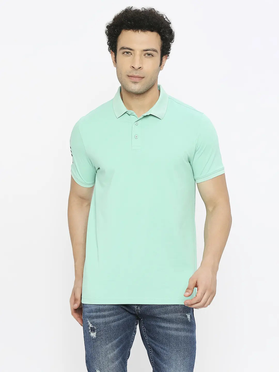 Spykar Men Ice Green Blended Regular Fit Half Sleeve Plain Polo Tshirt