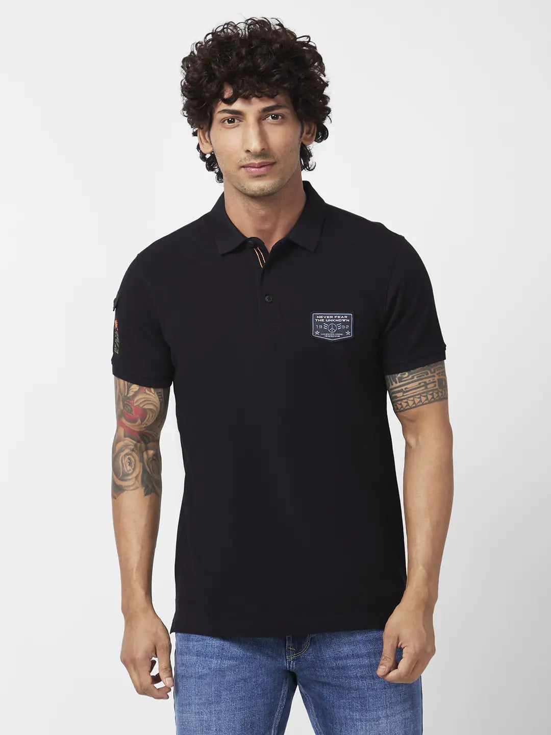 Spykar Men Black Cotton Slim Fit Half Sleeve Polo Neck Plain Tshirt