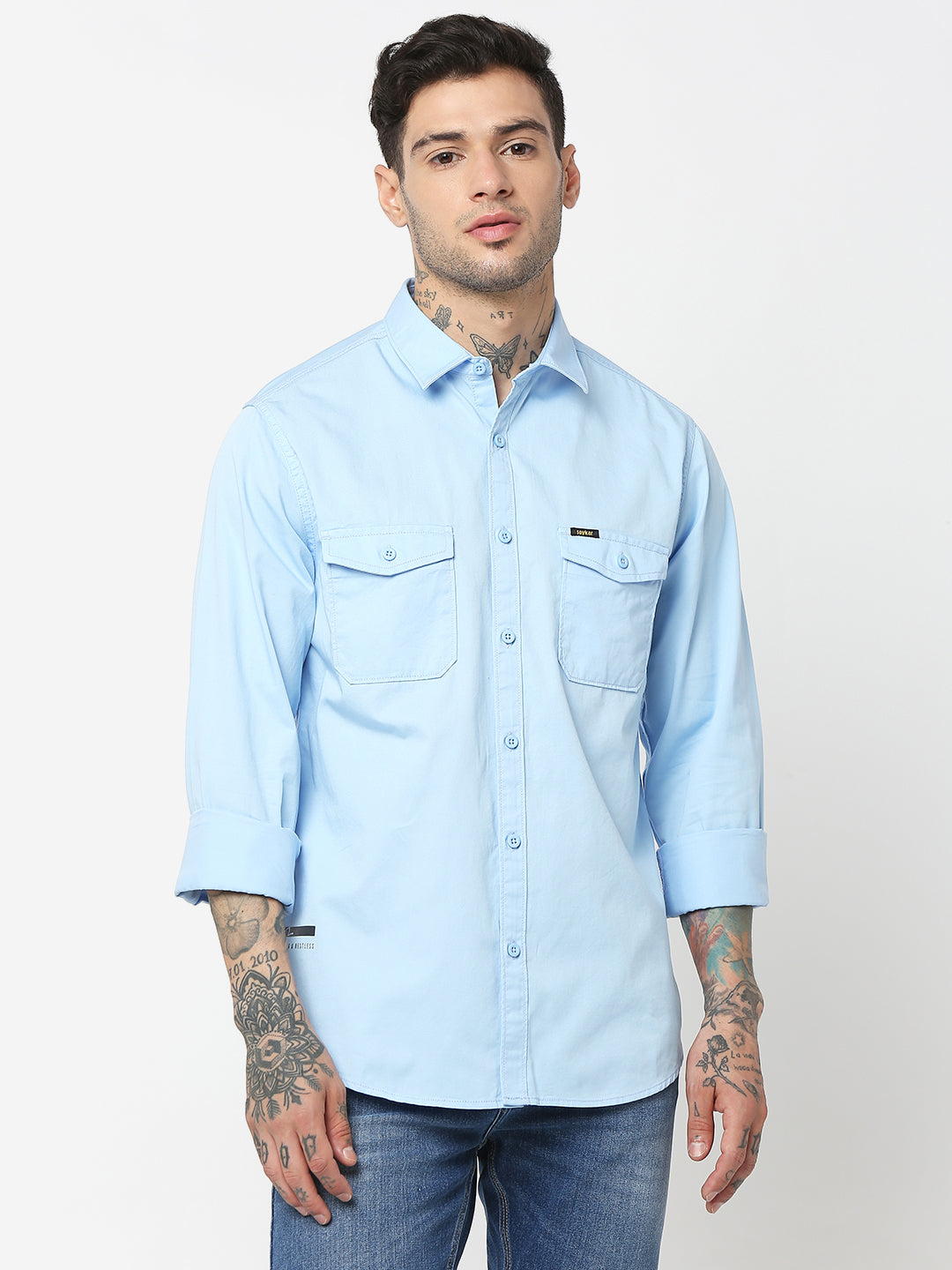 Spykar Men Light Blue Cotton Slim Fit Plain Shirts