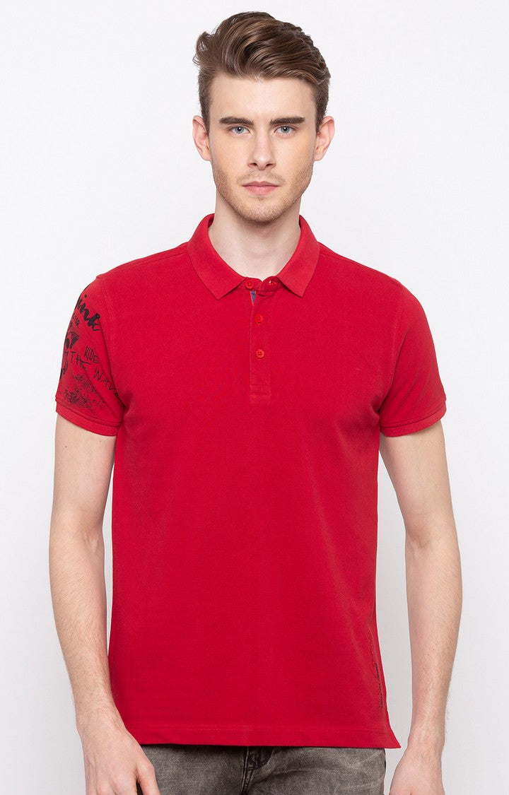 Spykar Red Solid Slim Fit Polo T-Shirt