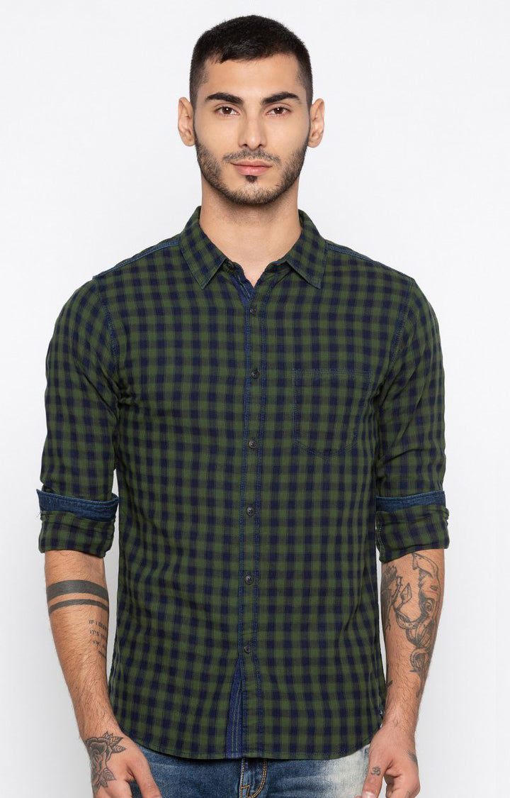 Spykar Men'S Green Cotton Checked Casual Shirts