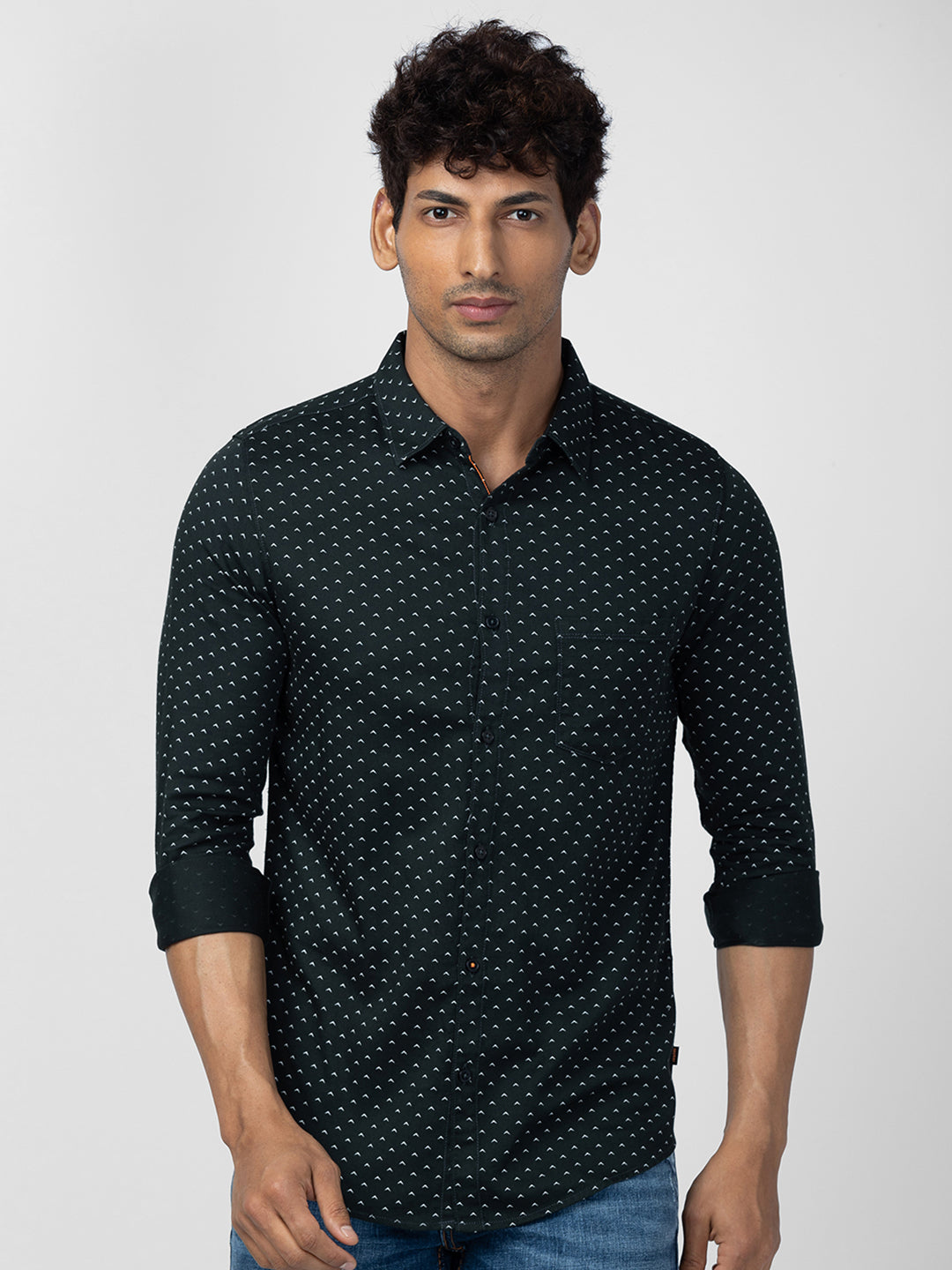 Spykar Men Bottle Green Cotton Slim Fit Printed Shirt