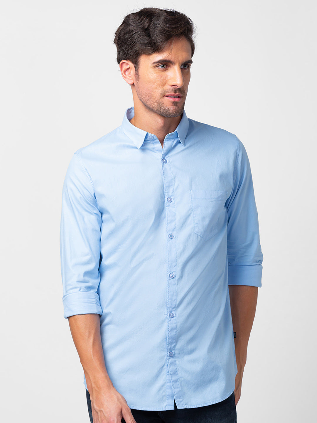 Spykar Men Sky Blue Cotton Slim Fit Plain Shirt