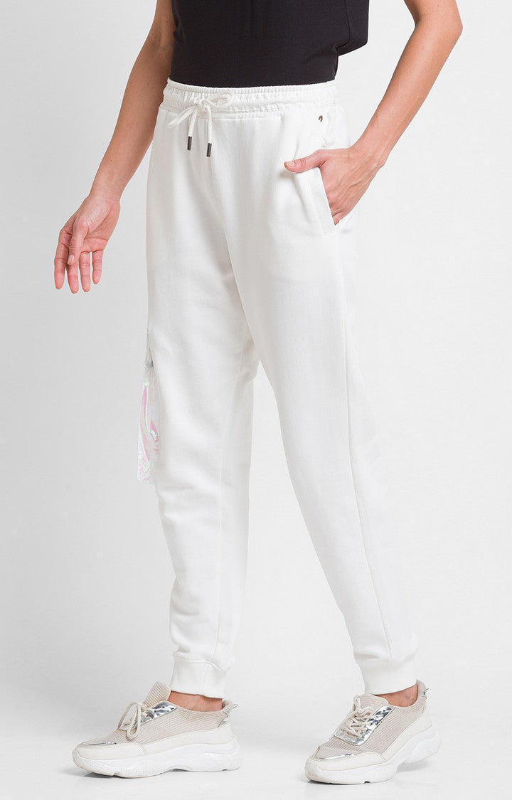 Spykar White Cotton Regular Fit Trackpant For Women