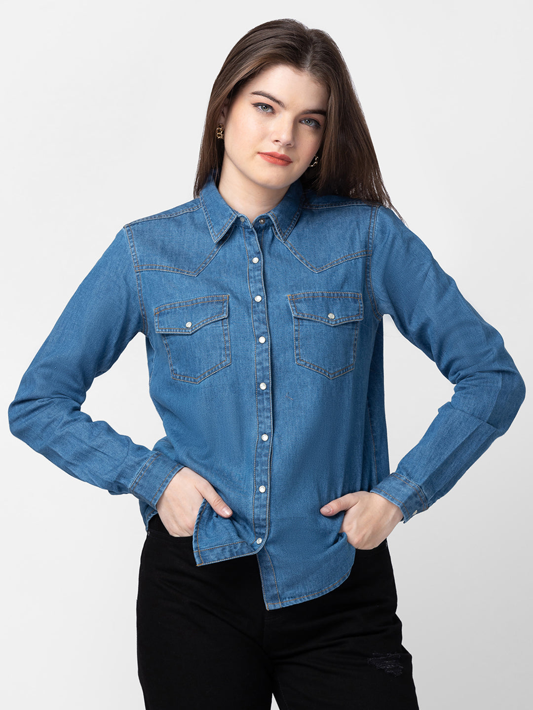 Spykar Women Mid Blue Cotton Slim Fit Denim Shirts