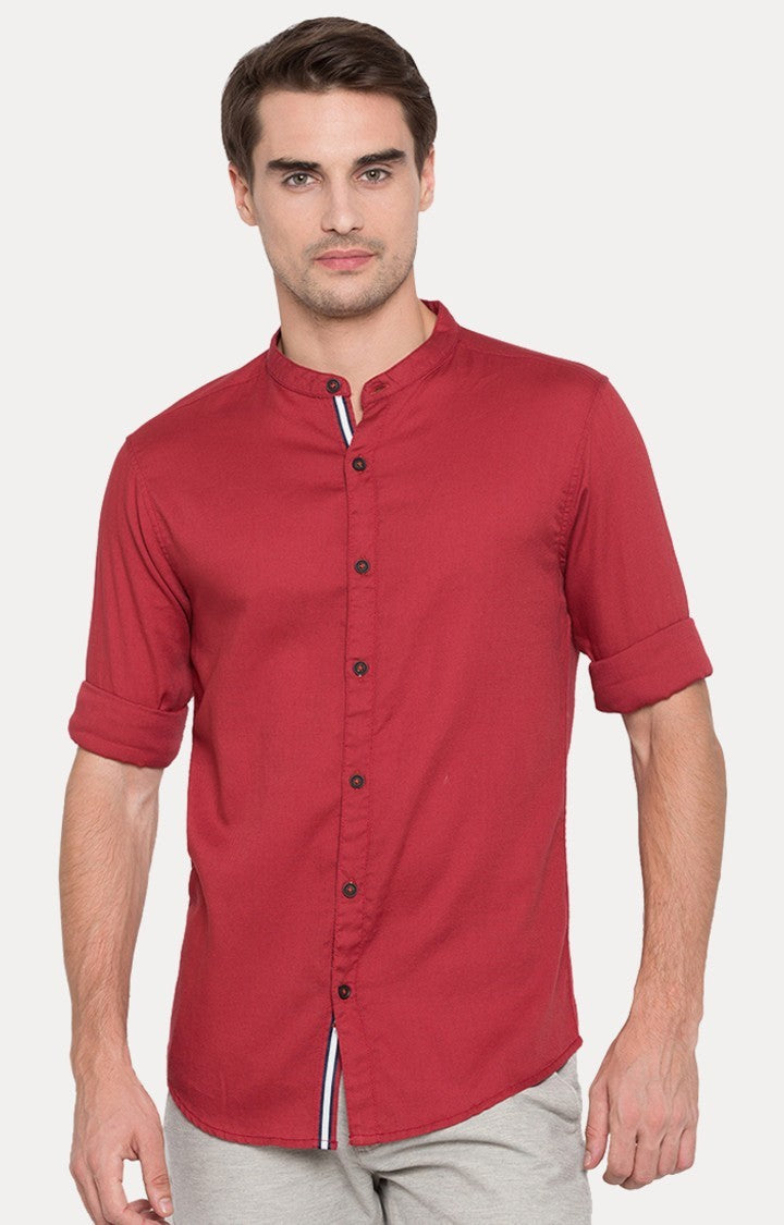 Spykar Men Maroon Slim Fit Full Sleeve M and arin Collar Shirt