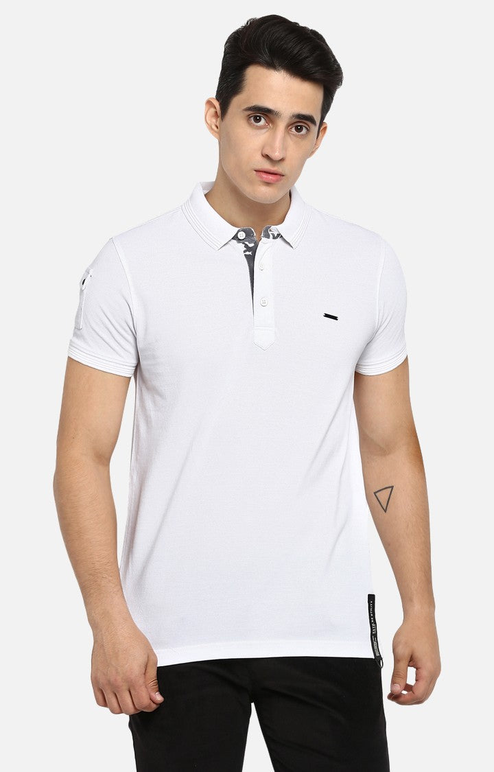 Spykar White Solid Slim Fit Polo T-Shirt