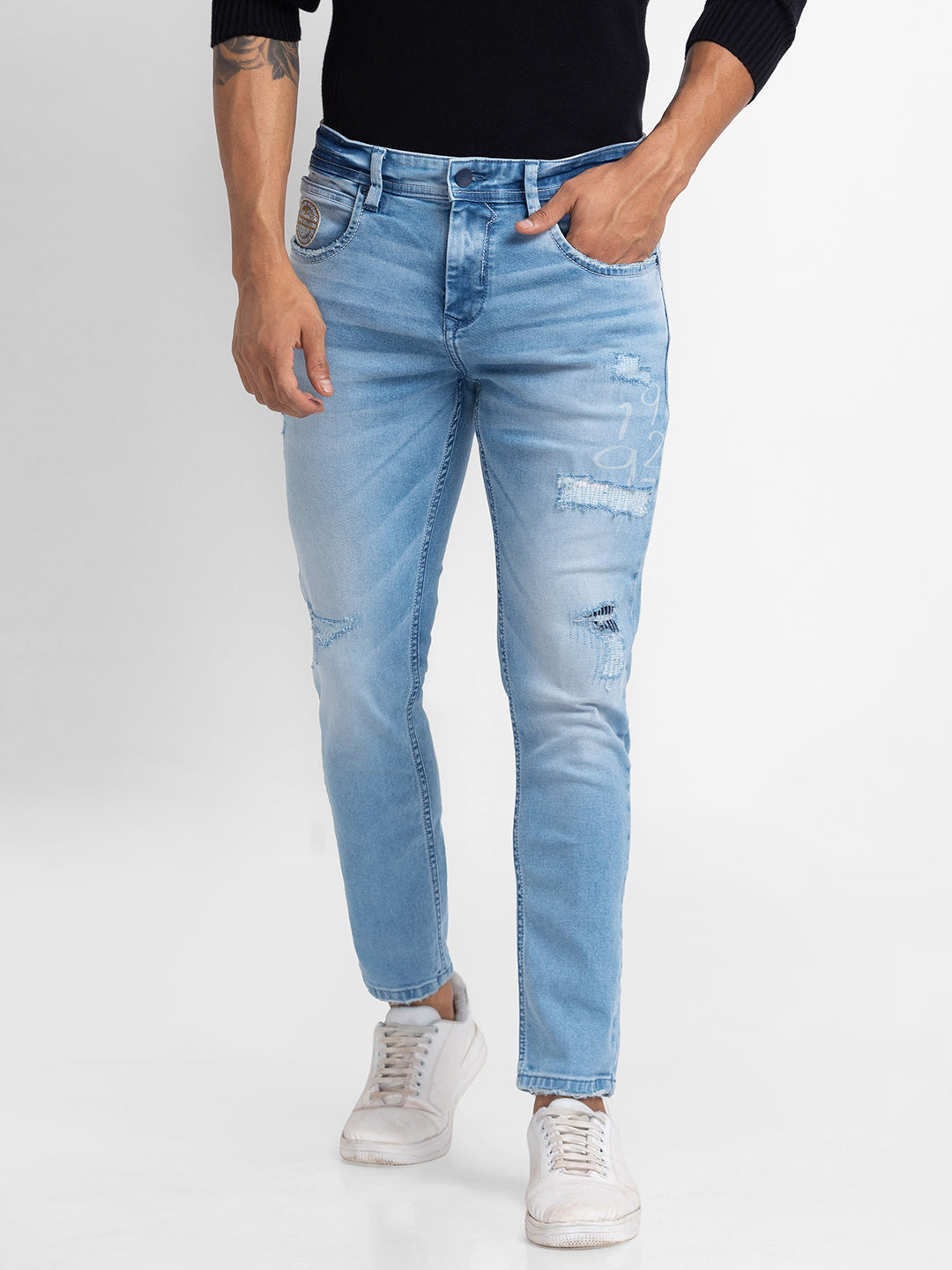 Spykar Light Blue Cotton Slim Fit Tapered Length Jeans For Men (Kano)