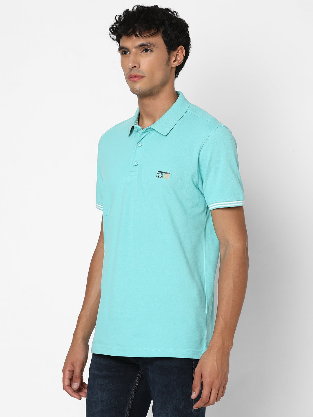 Spykar Men Cool Blue Regular Fit Half Sleeve Plain Polo Tshirt