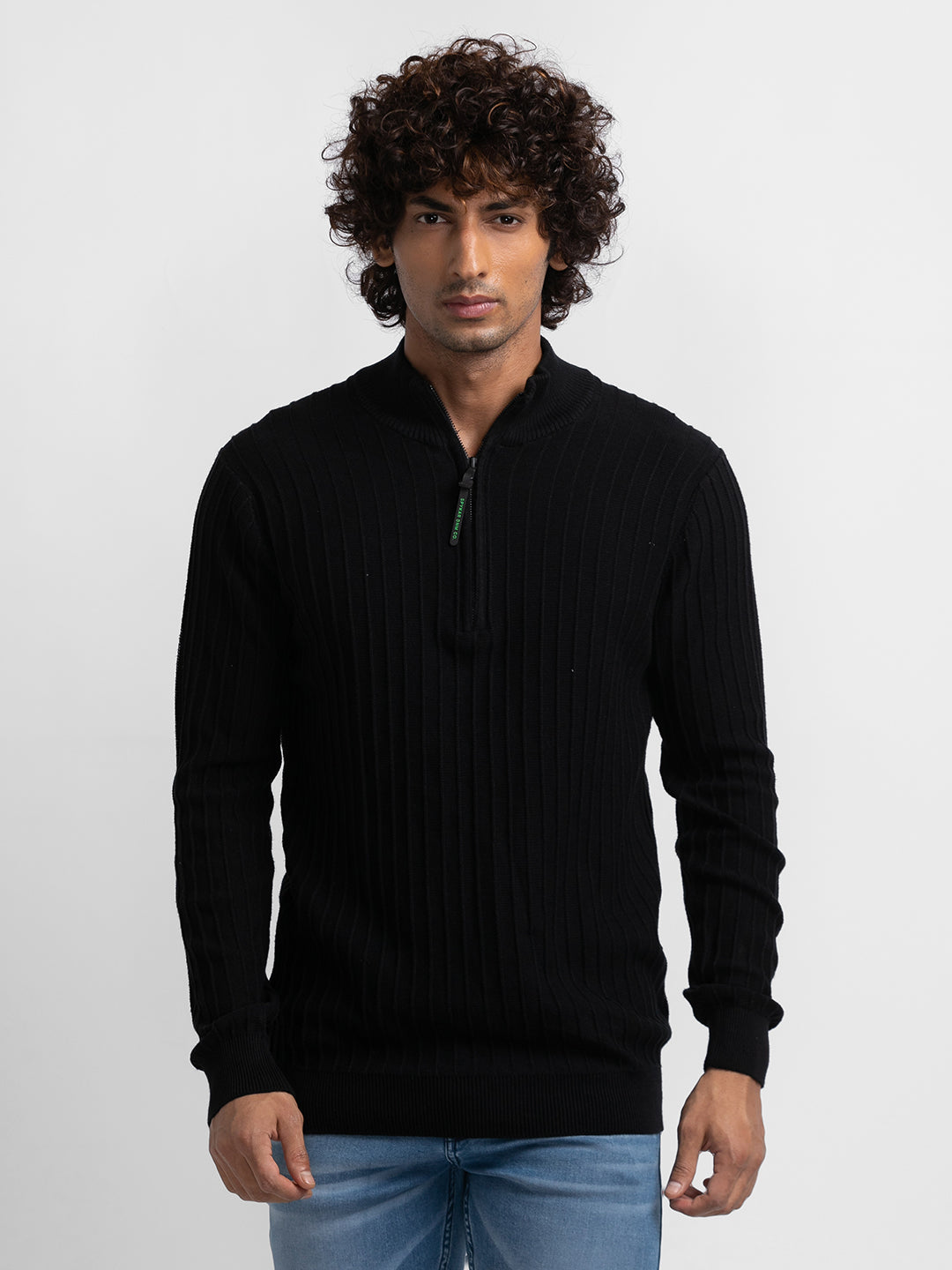 Spykar Black Cotton Full Sleeve Casual Sweater For Men