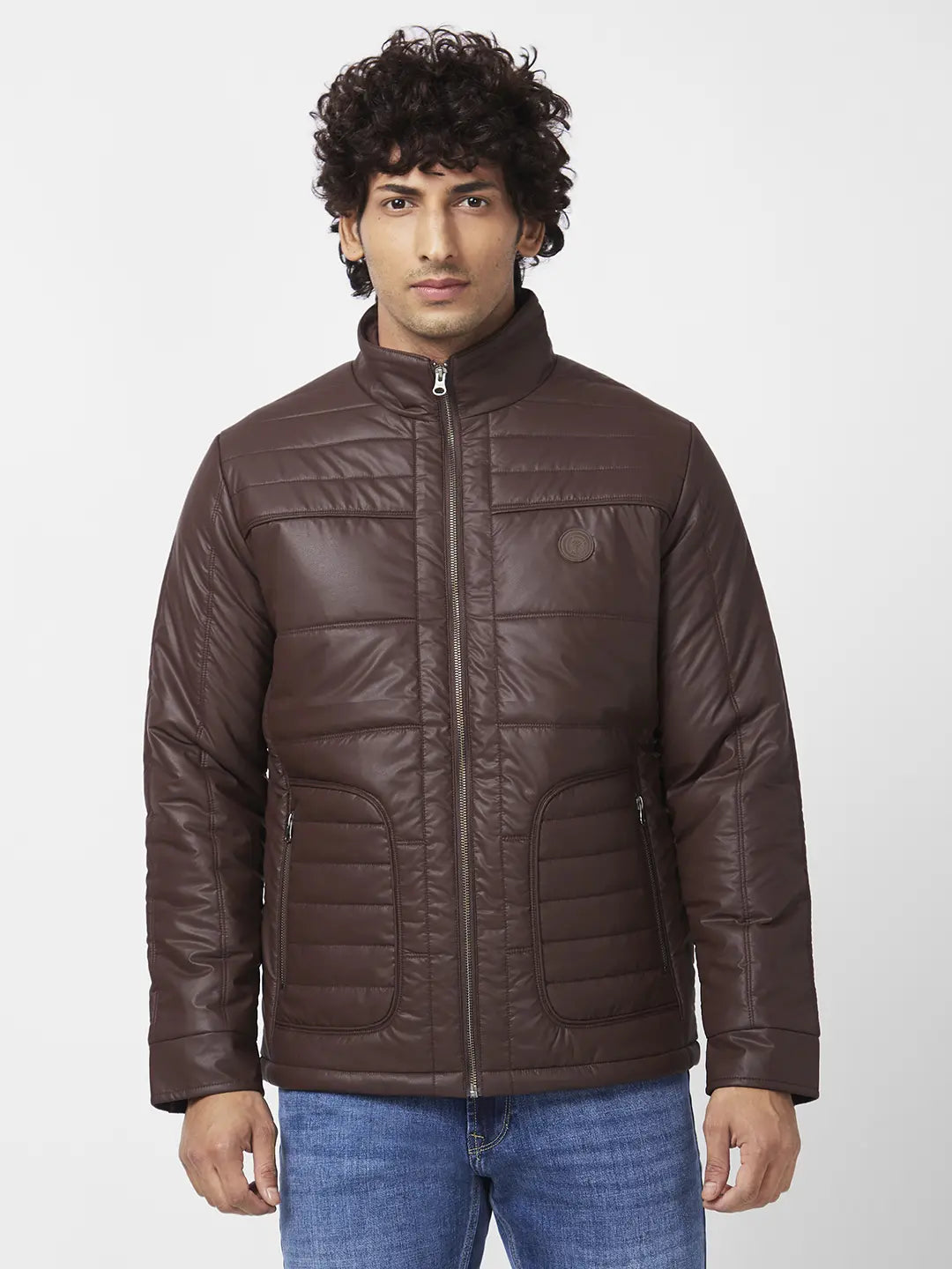 Shop Men'S Leather Look Jacket With Chest Silicon Badge Online