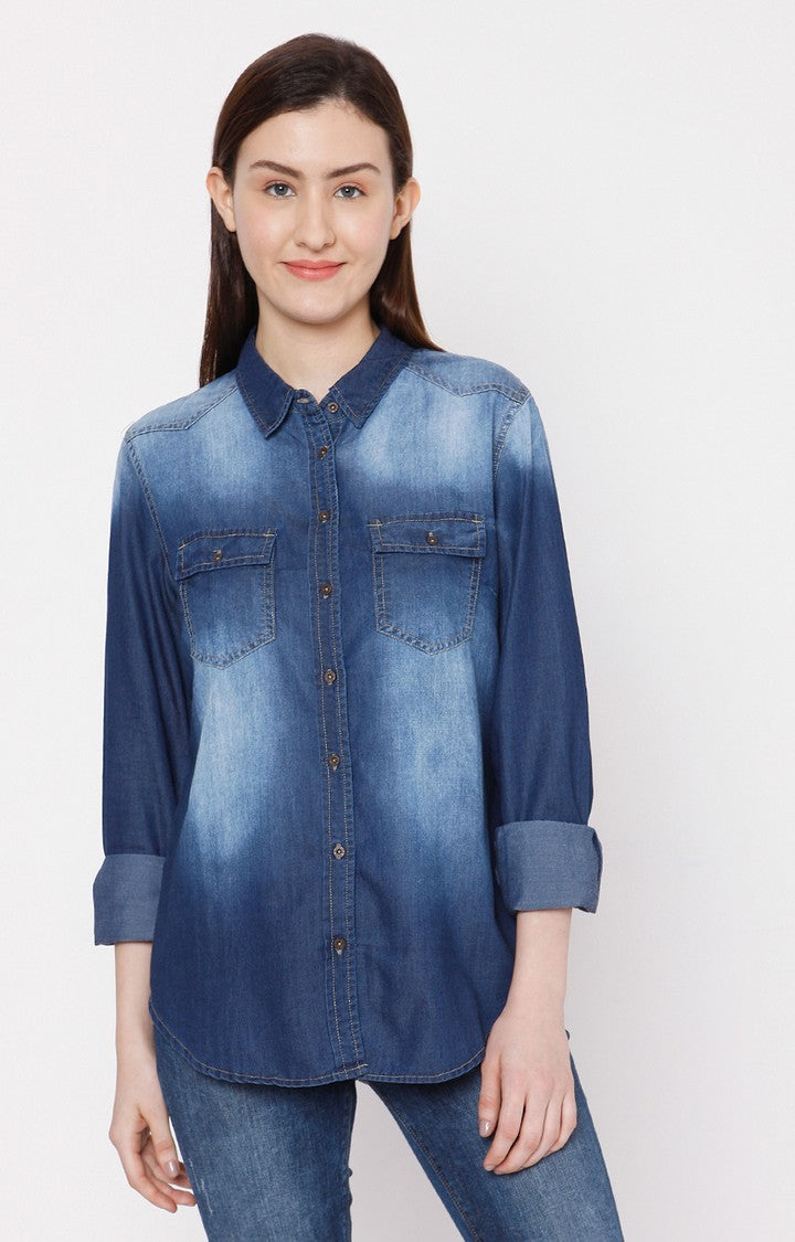 Spykar Women Dark Blue Cotton Regular Fit Denim Shirt