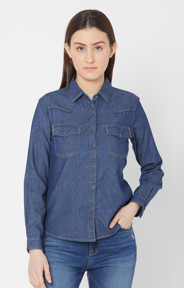 Spykar Women Blue Cotton Slim Fit Denim Shirts