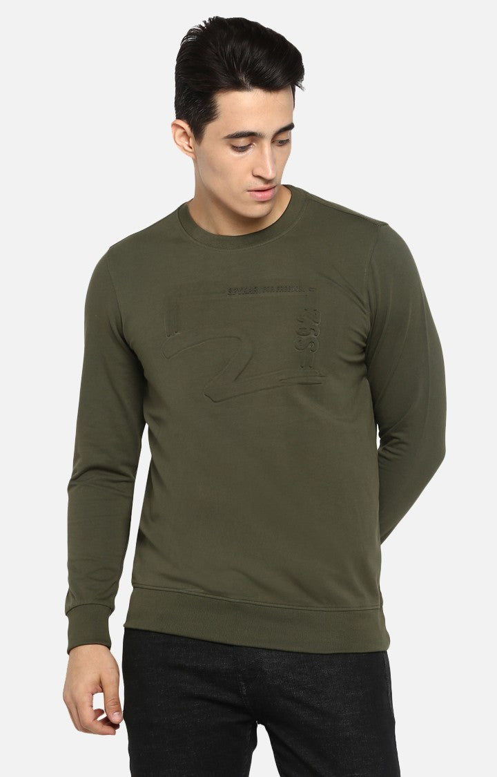 Spykar Olive Solid Slim Fit Sweatshirt