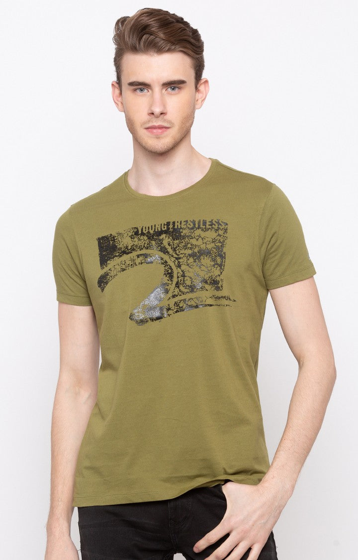 Spykar Olive Printed Slim Fit Men T-Shirts