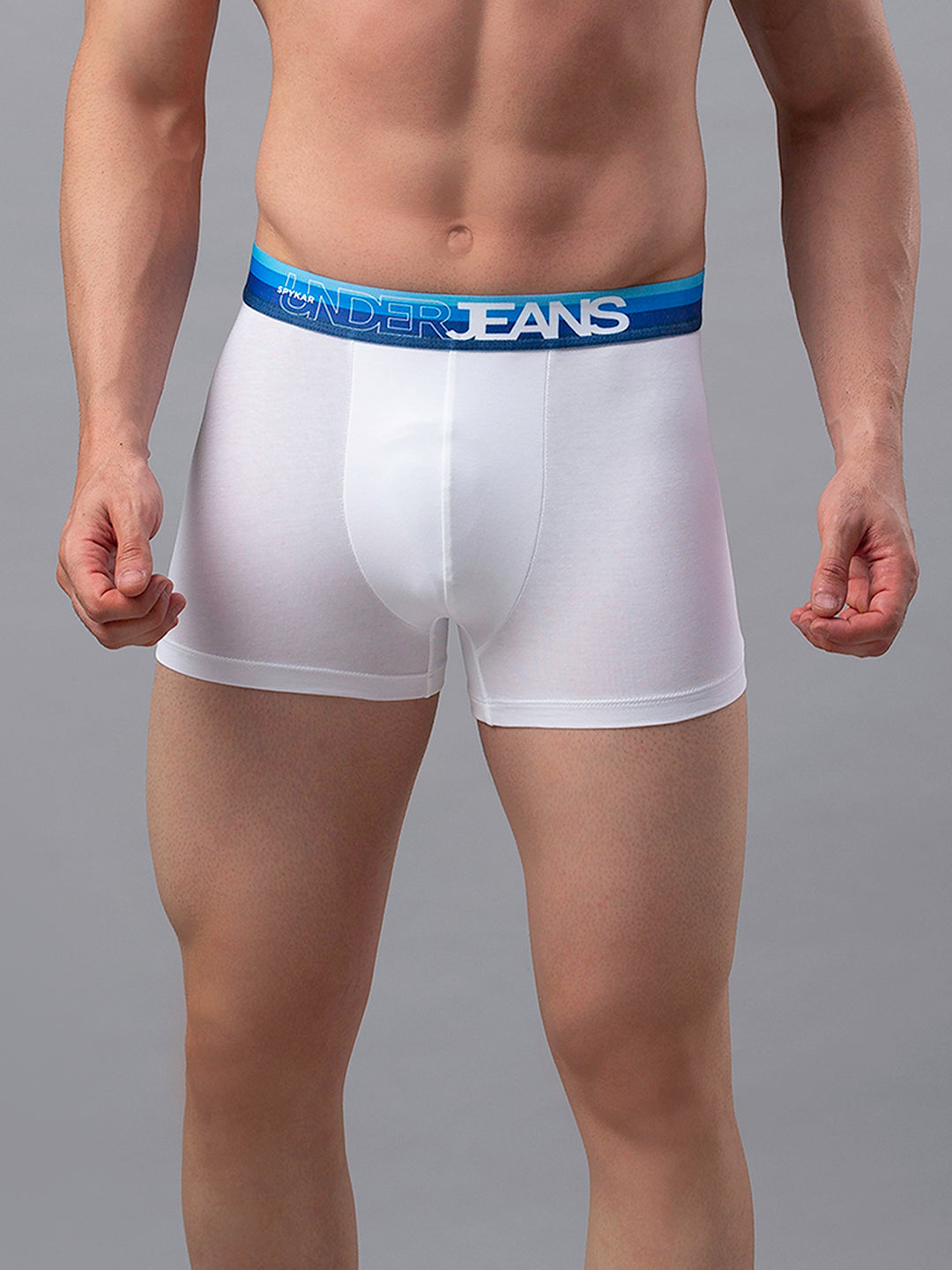 Men Premium White-Blue Cotton Blend Trunk- Underjeans By Spykar