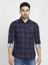 Spykar Men Indigo Blue Cotton Regular Slim Fit Full Sleeve Checkered Shirt