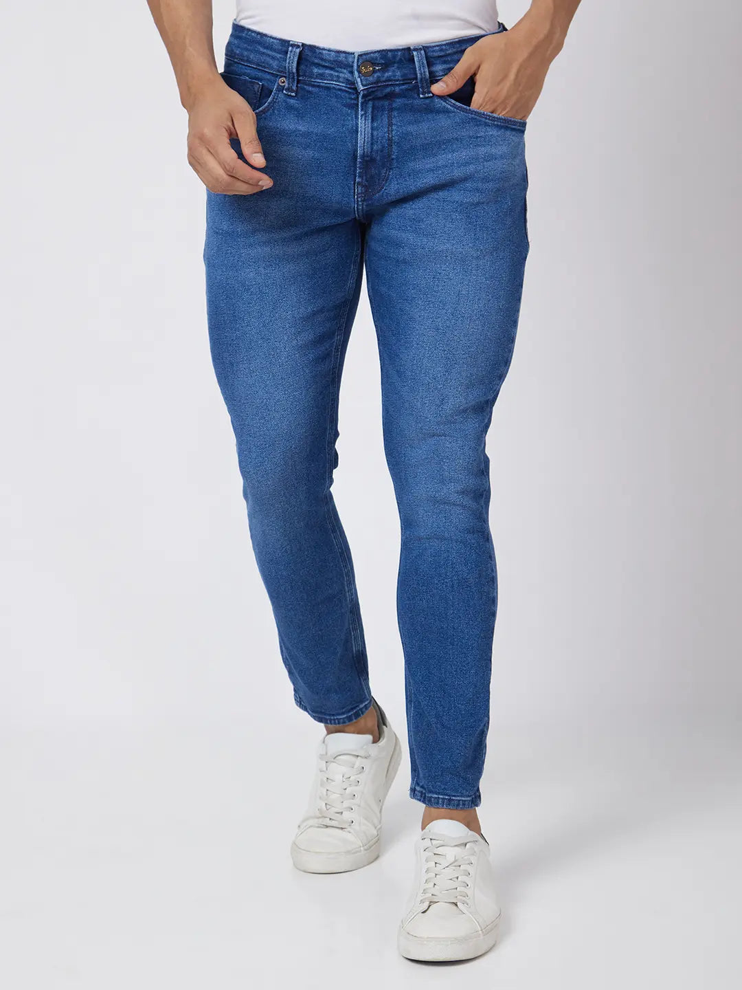 Spykar Men Mid Blue Cotton Stretch Slim Fit Tapered Length Clean Look Mid Rise Jeans (Kano)