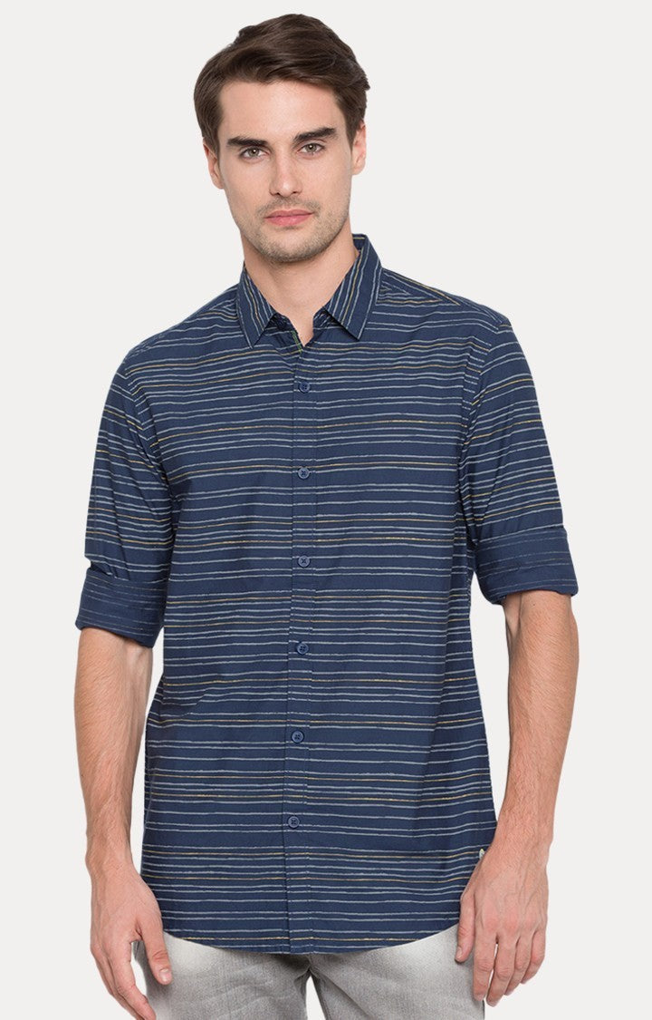 Spykar Men'S Blue Cotton Striped Casual Shirts