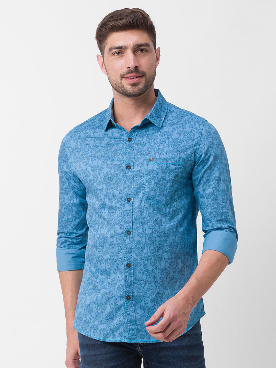 Spykar Sulphur Grey Cotton Full Sleeve Printed Shirt For Men