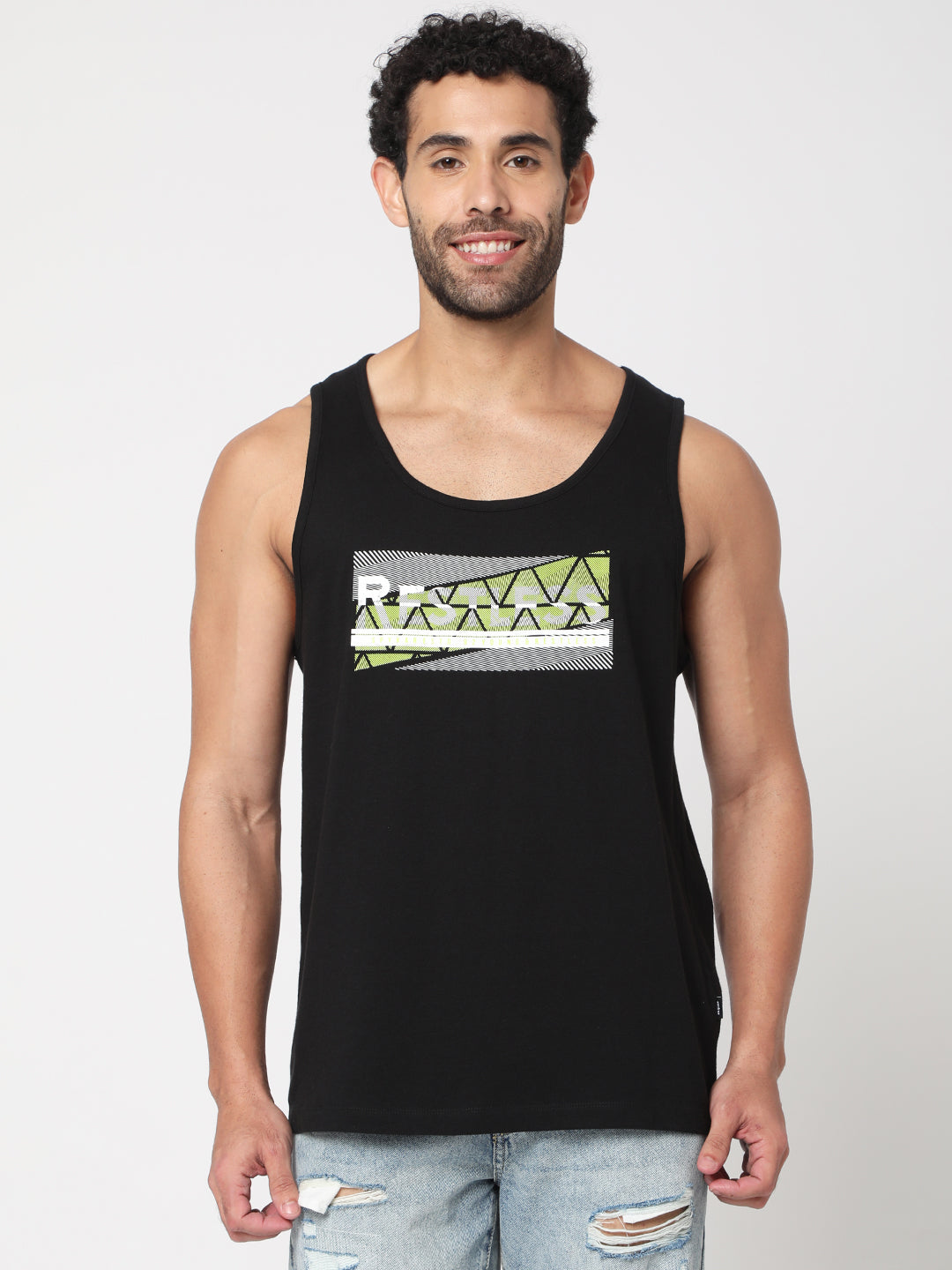 Spykar Men Black Cotton Sleeveless Printed Vest