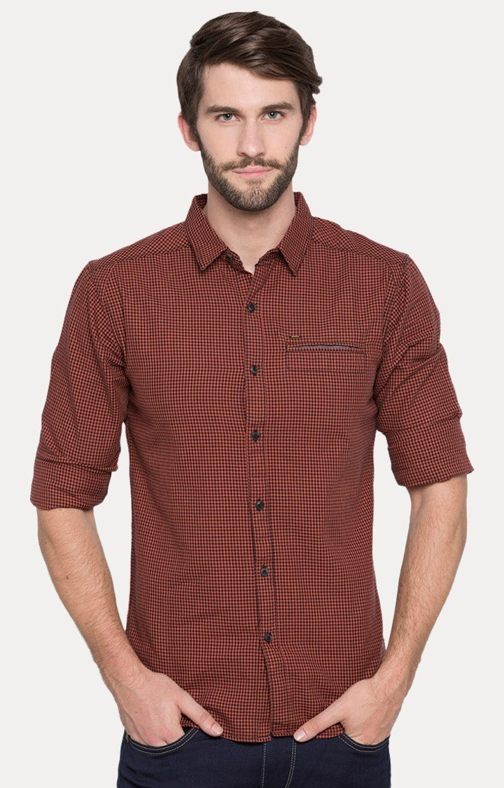 Spykar Men'S Orange Cotton Checked Casual Shirts