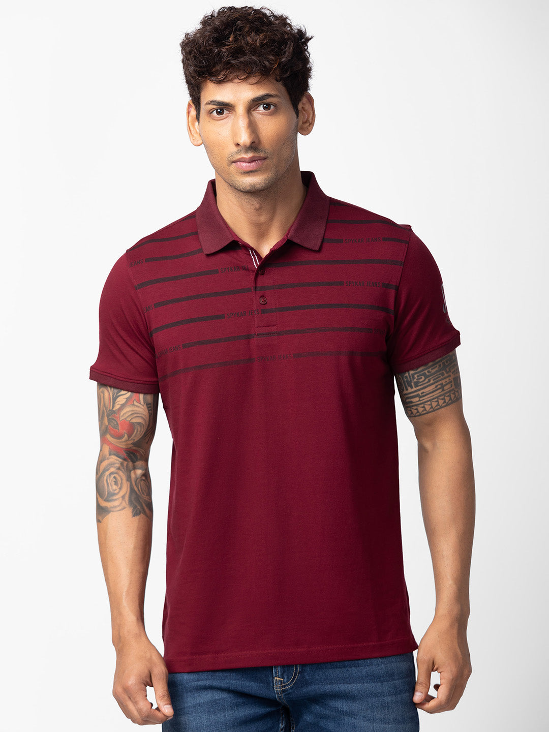 Spykar Men Wine Cotton Regular Fit Half Sleeve Printed Polo T-Shirt