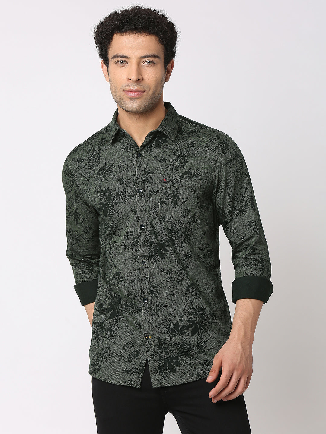 Spykar Men Olive Cotton Slim Fit Printed Shirts