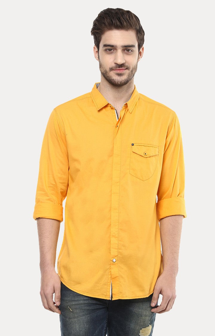 Spykar Men'S Yellow Cotton Solid Casual Shirts