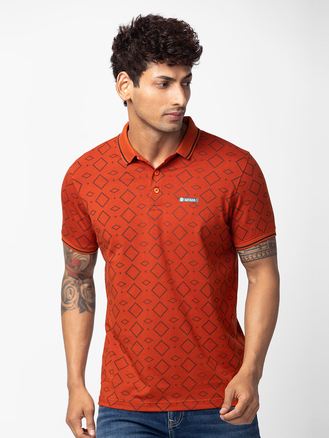 Spykar Men Burnt Orange Cotton Regular Fit Half Sleeve Printed Polo T-Shirt