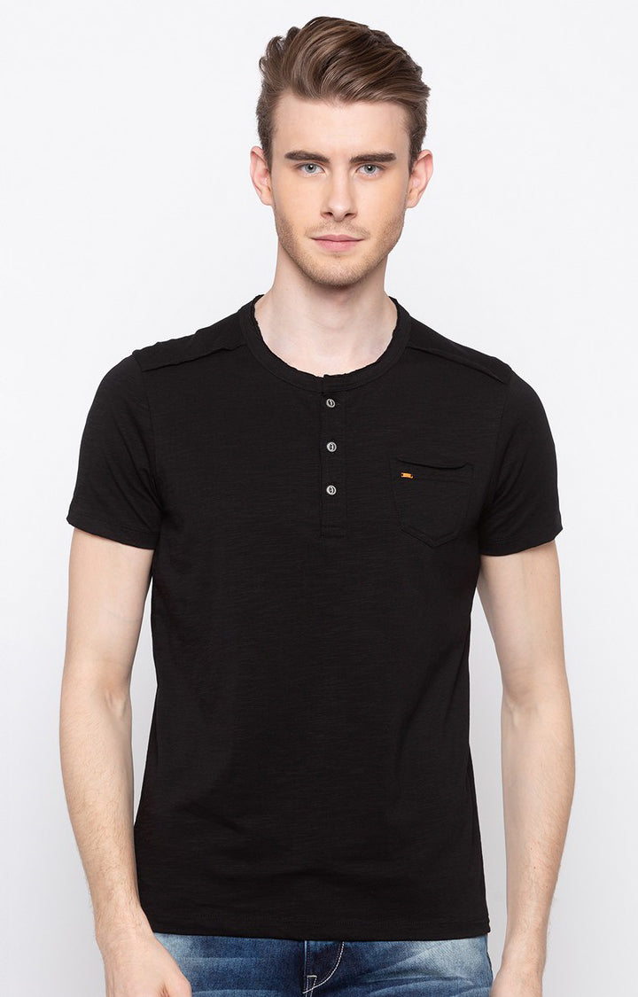 Spykar Black Solid Slim Fit Men T-Shirts