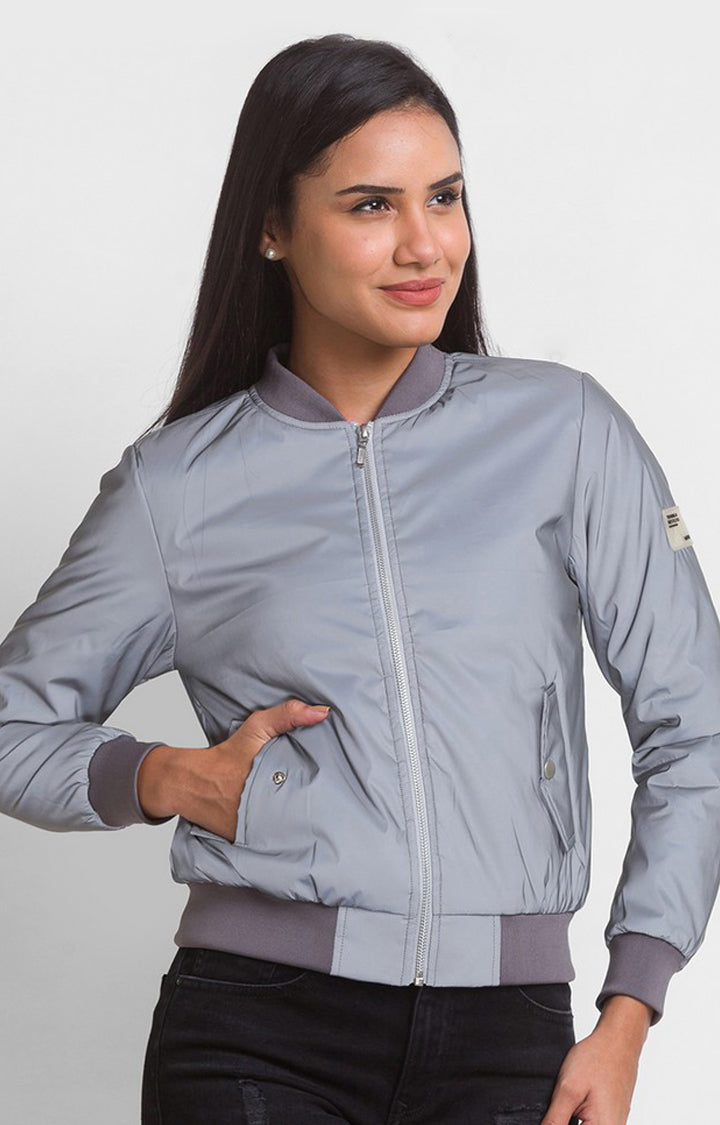 Spykar Silver Nylon Full Sleeve Casual Jacket For Women