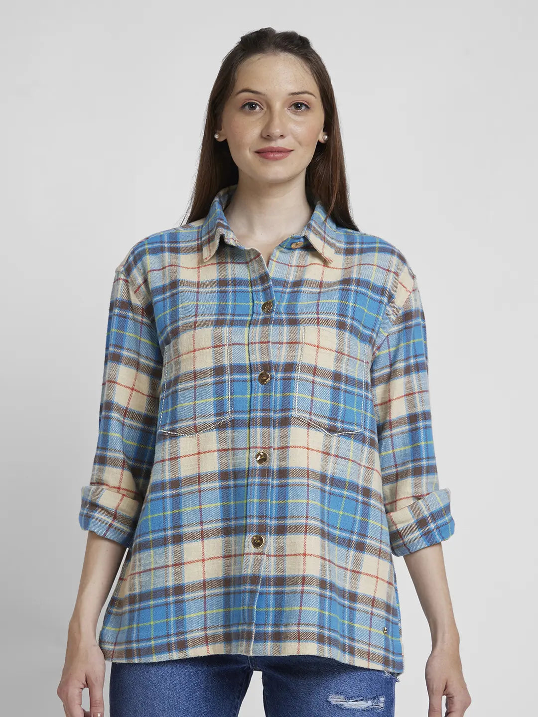 Spykar Women Blue Cotton Oversize Fit Full Sleeve Checkered Shirt