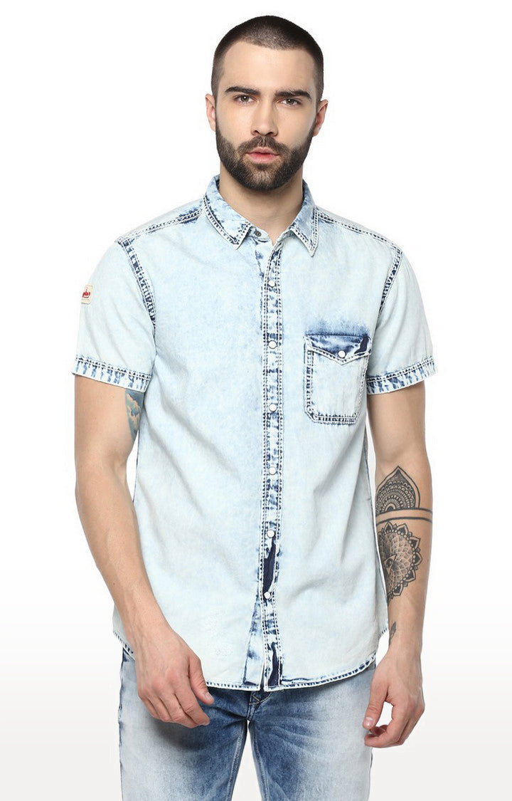 Spykar Men'S Blue Cotton Solid Casual Shirts