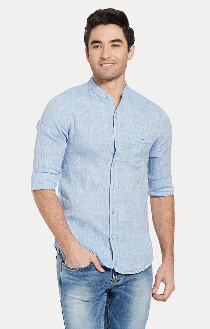 Spykar Men'S Blue Linen Melange Casual Shirts