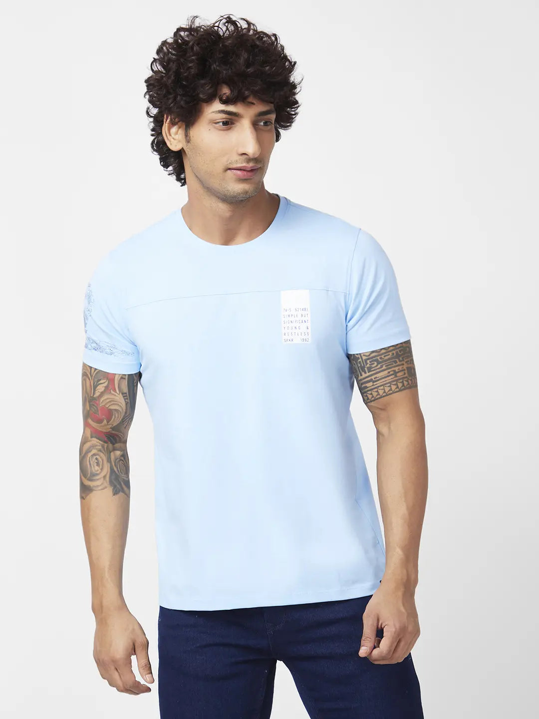 Spykar Men Powder Blue Blended Slim Fit Half Sleeve Round Neck Printed Tshirt