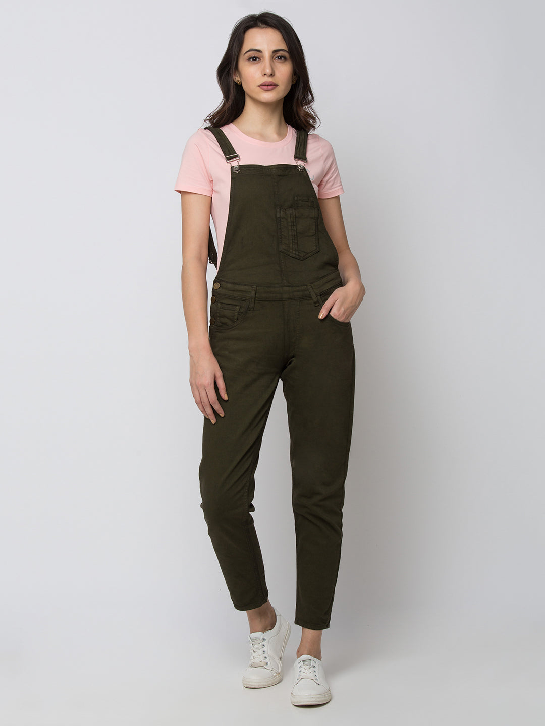 Spykar Women Olive Cotton Skinny Fit Regular Dungaree