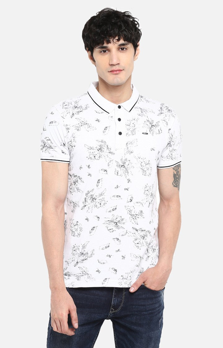 Spykar White Printed Slim Fit Polo T-Shirt