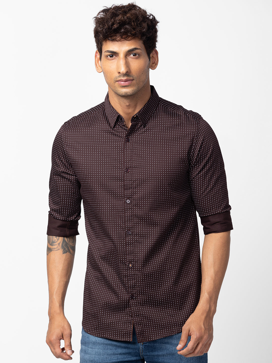 Spykar Men Coffee Brown Cotton Slim Fit Printed Shirt