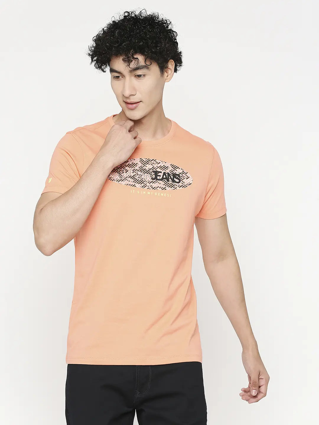 Men Premium Peach Cotton Half Sleeve Printed Tshirt- Underjeans By Spykar