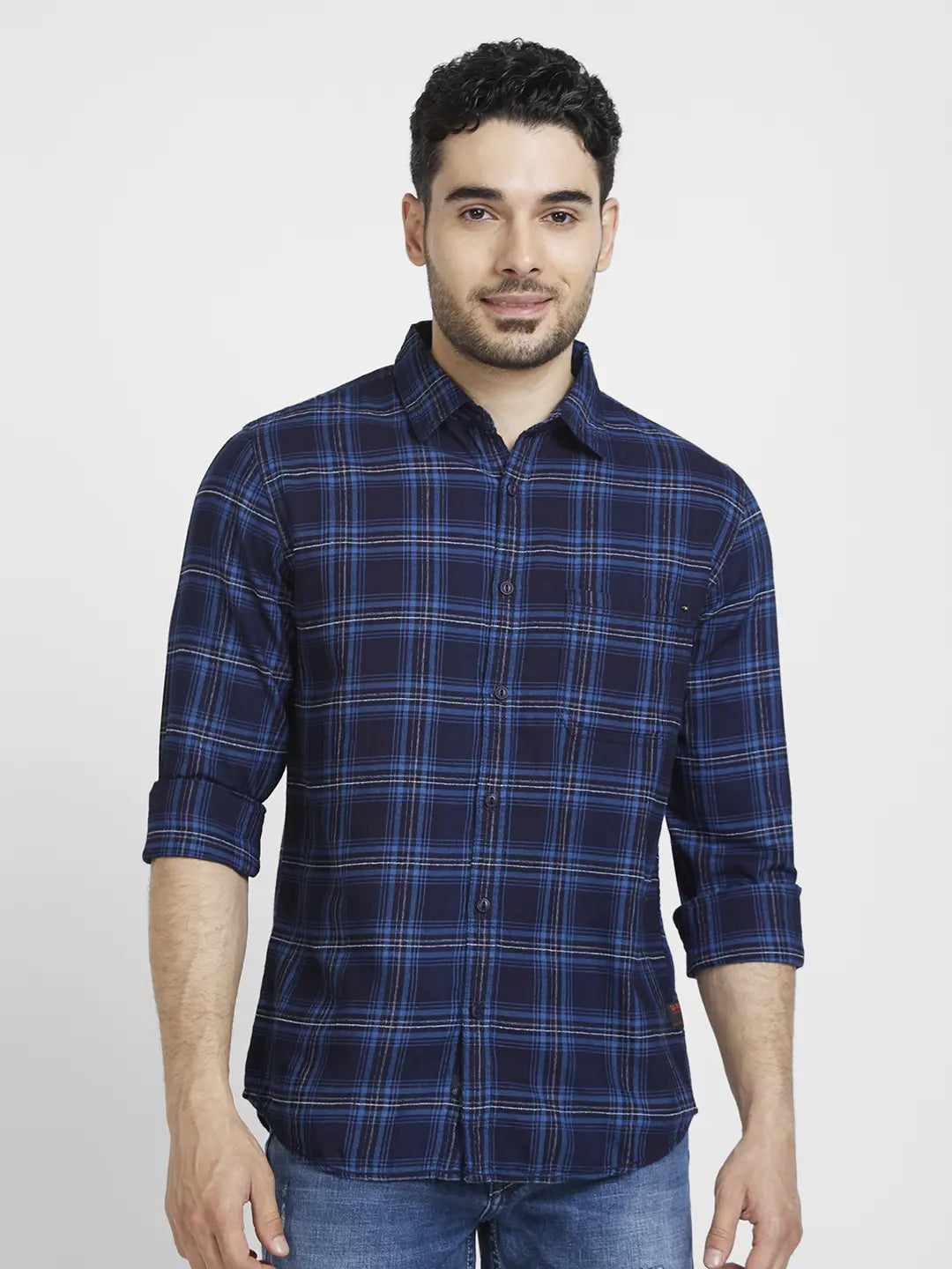 Spykar Men Indigo Blue Cotton Regular Slim Fit Full Sleeve Checkered Shirt