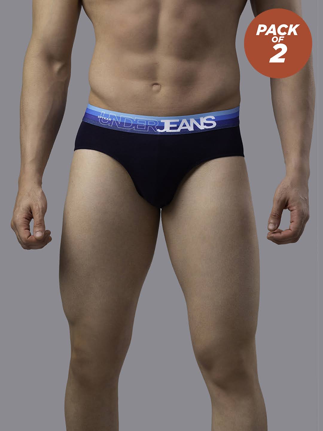 Men Premium Cotton Blend Navy-Blue Brief - (Pack Of 2)- Underjeans By Spykar