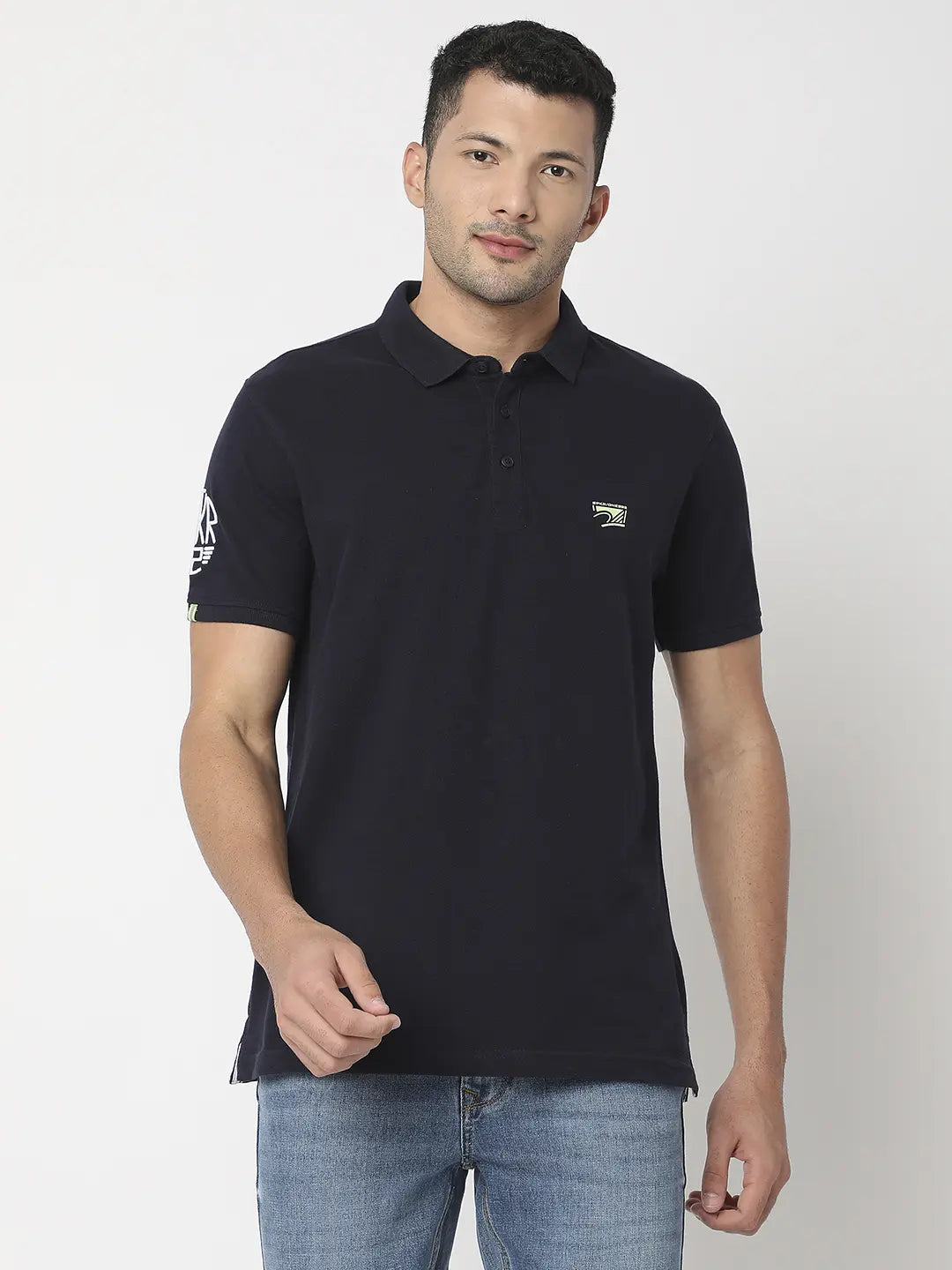 Spykar Men Navy Blue Cotton Regular Fit Plain Polo Tshirt