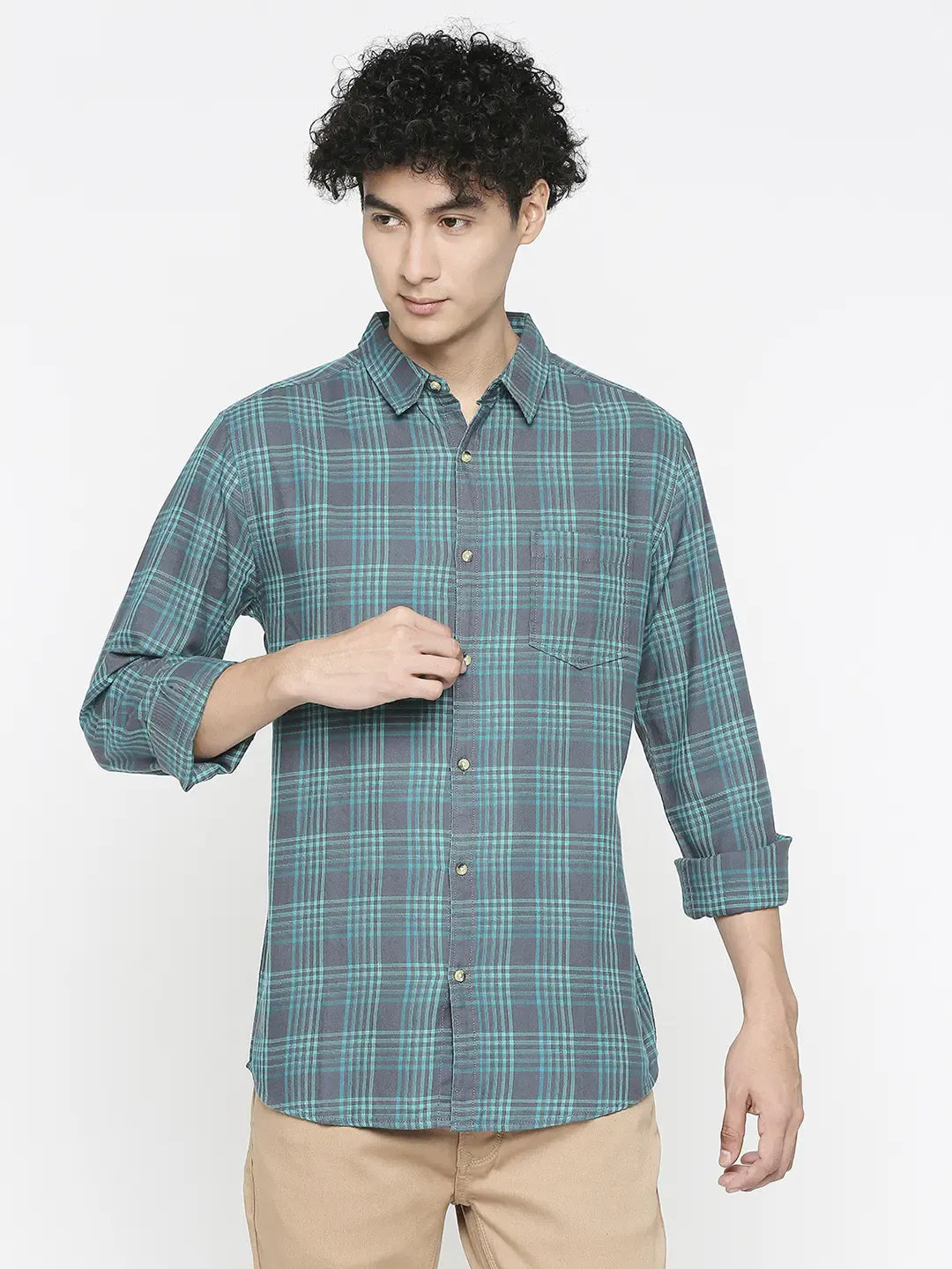 Spykar Men Mint Blue Cotton Slim Fit Checkered Shirt