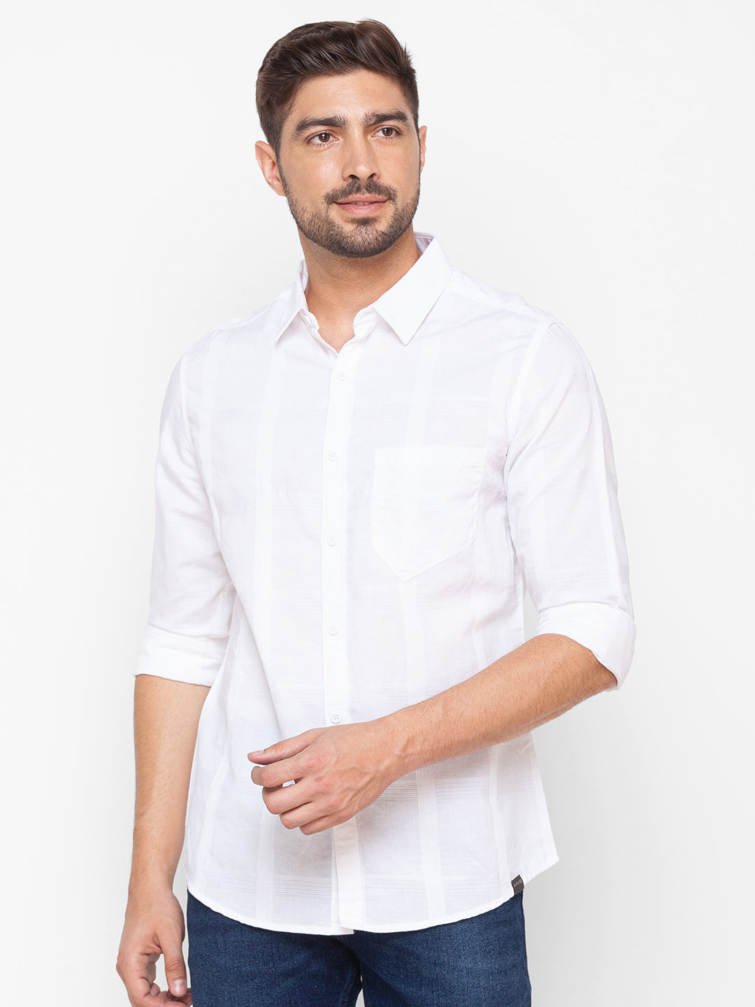 Spykar White Cotton Full Sleeve Plain Shirt For Men