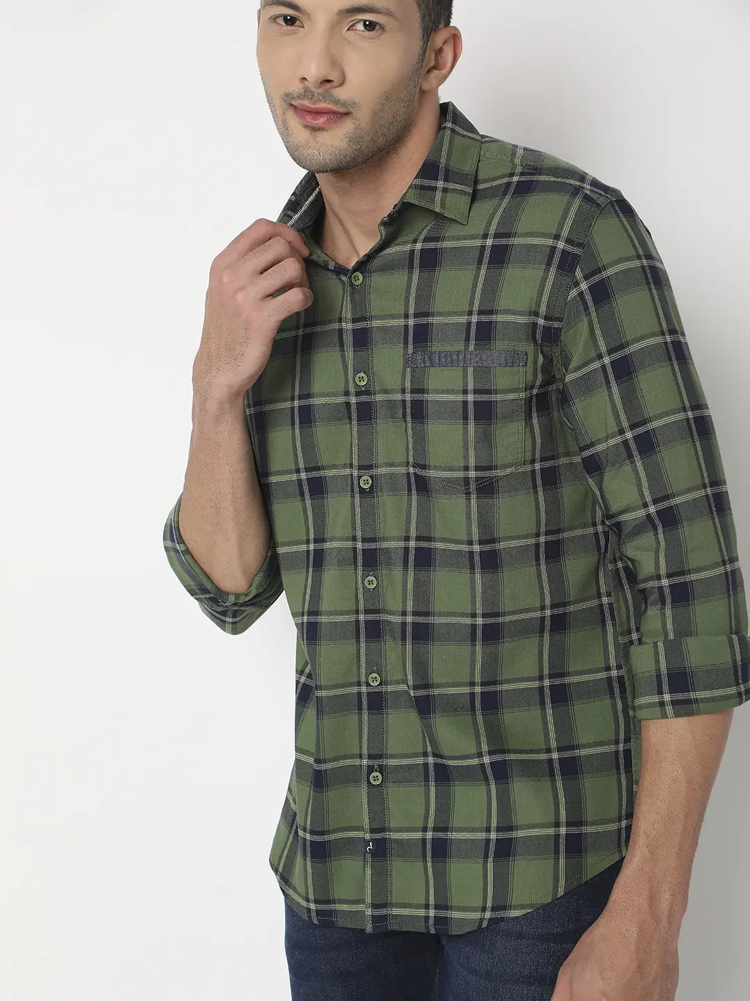 Spykar Men Olive Cotton Slim Fit Checkered Shirt