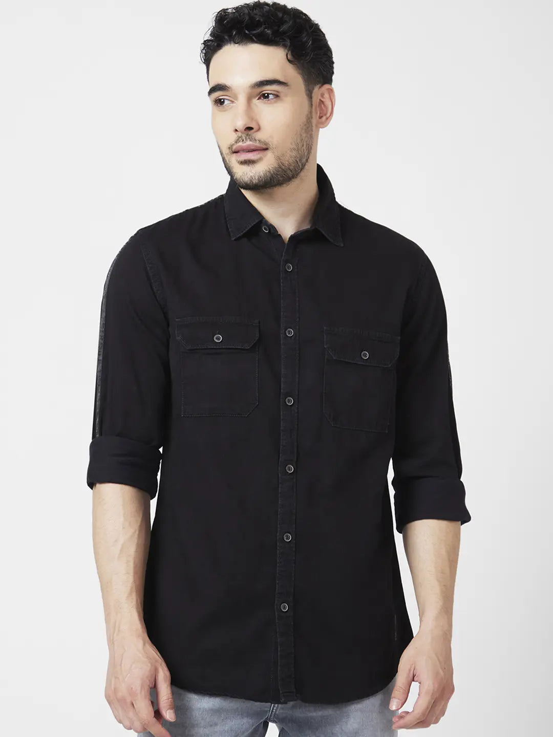 Black Denim Men's Denim Long Sleeve Shirts Being Human Black